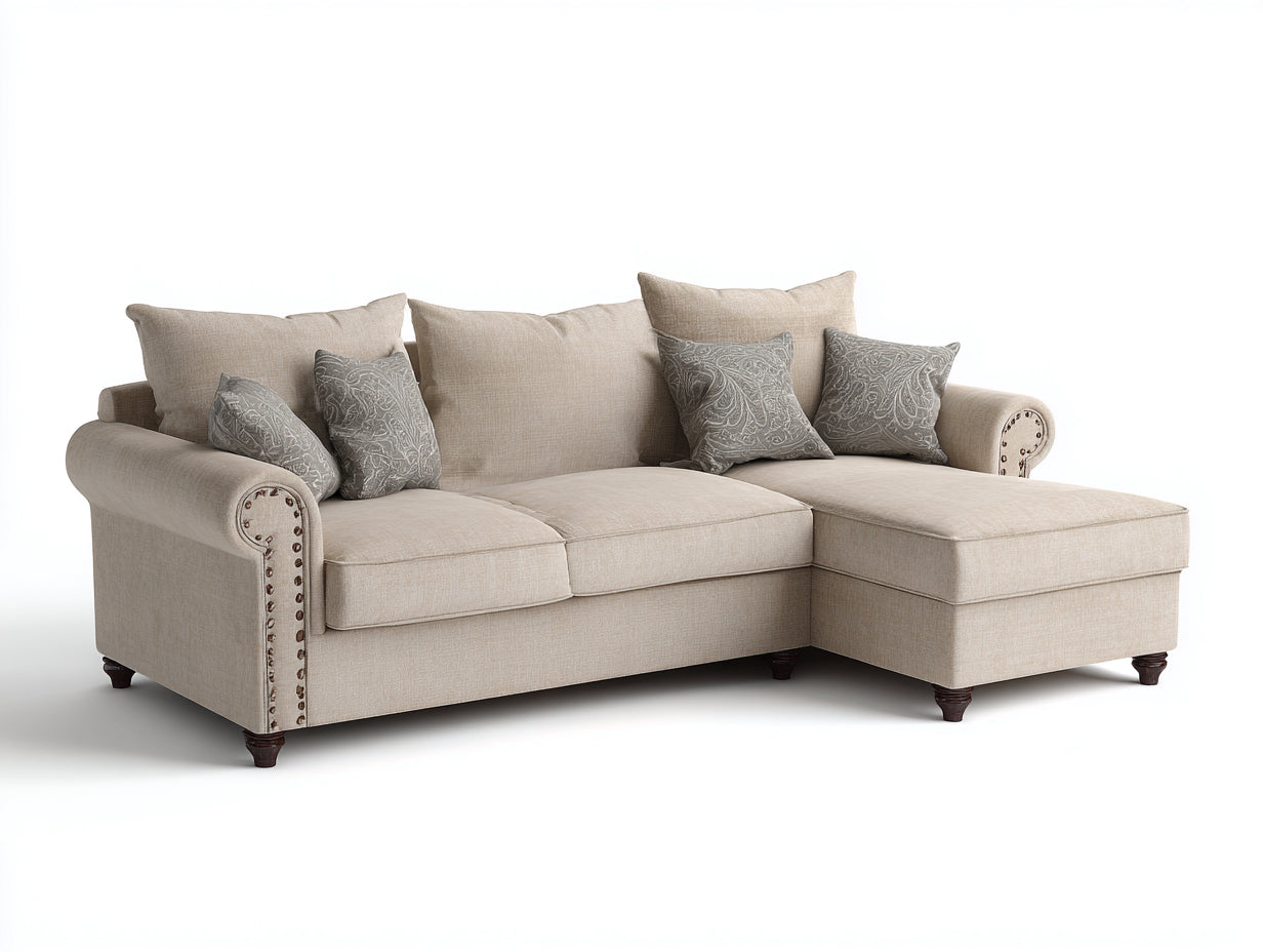 Canapé d'angle - Tissu - 264x169x87 cm - Beige - Style classique