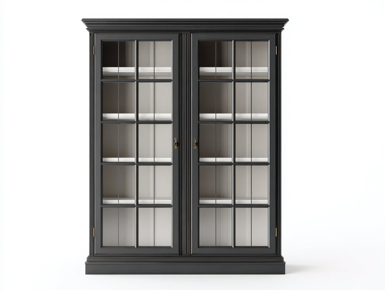 Vitrine - Bois-Verre - 154x48x214 cm - Gris foncé-Transparent - Style classique