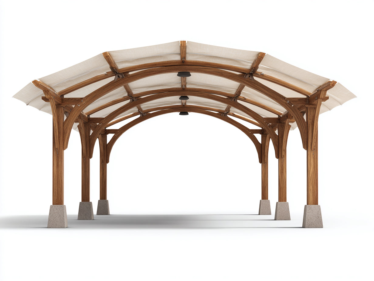 Tonnelle de jardin - bois-toile-béton - 600 x 320 x 295 cm - naturel-beige-gris - toit arqué