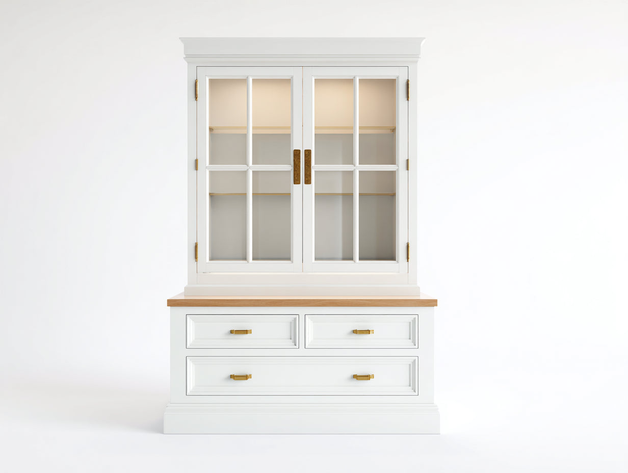 Vitrine - Bois-Verre - 132x48x205 cm - Blanc-Bois naturel - Style classique