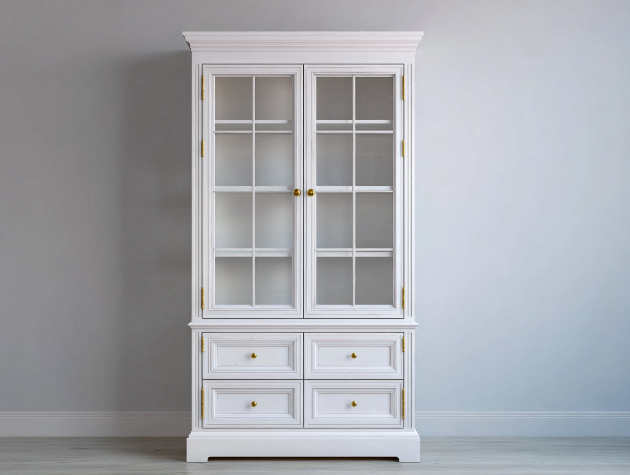 Vitrine - Bois-Verre - 126x48x216 cm - Blanc-Transparent - Style classique