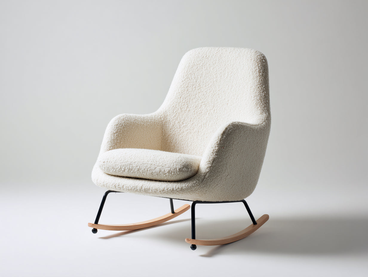 Fauteuil à bascule - tissu bouclé-métal-bois - 80x74x88 cm - écru-bois clair-noir - scandinave