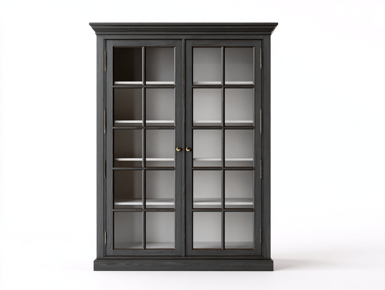 Vitrine - Bois-Verre - 126x46x208 cm - Gris foncé-Transparent - Style classique