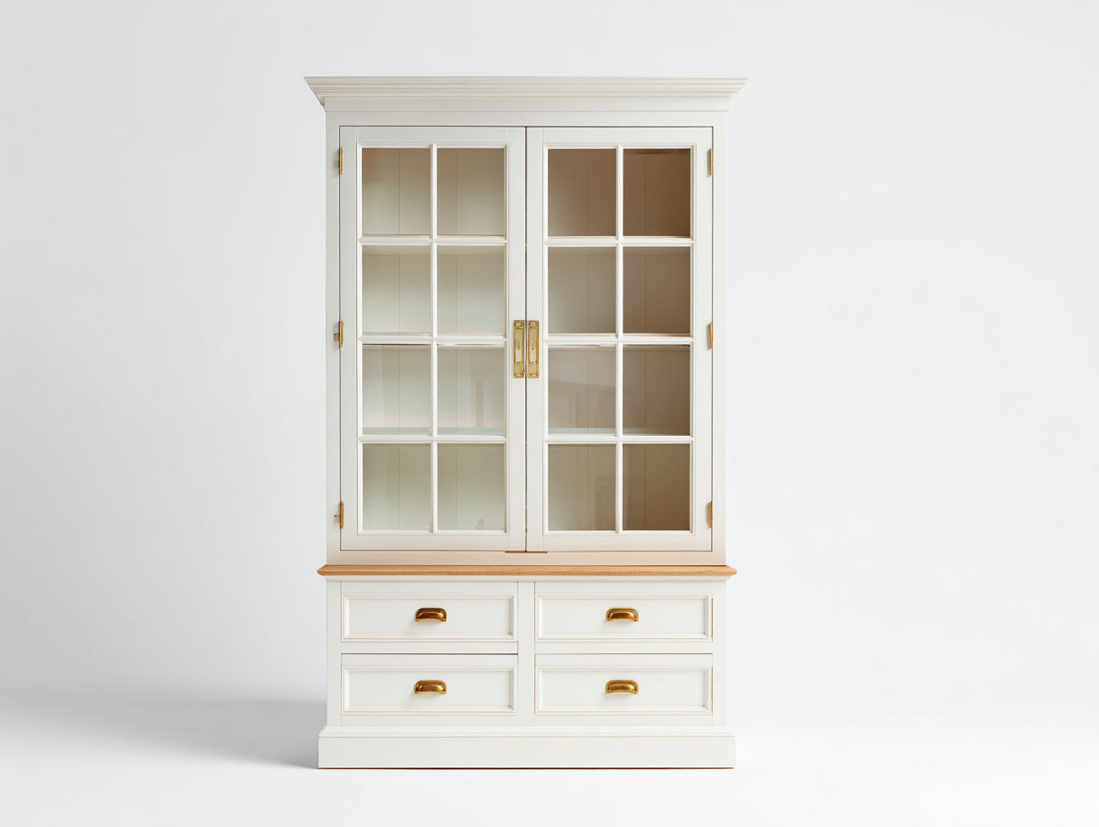 Vitrine - Bois-Verre - 128x47x209 cm - Blanc-Bois naturel - Style classique