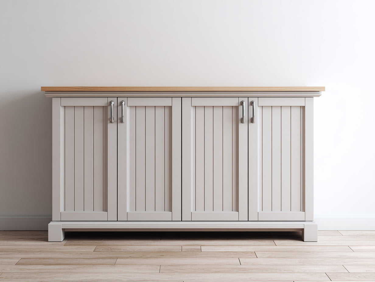 Buffet-MDF-150 x 42 x 88 cm-Blanc cassé-Bois naturel-Style campagne moderne
