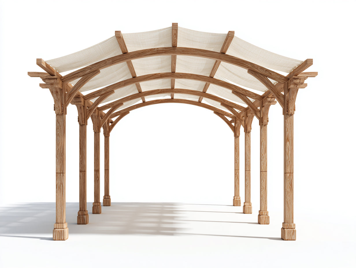 Tonnelle de jardin - bois-toile - 620 x 330 x 310 cm - naturel-beige - toit arqué