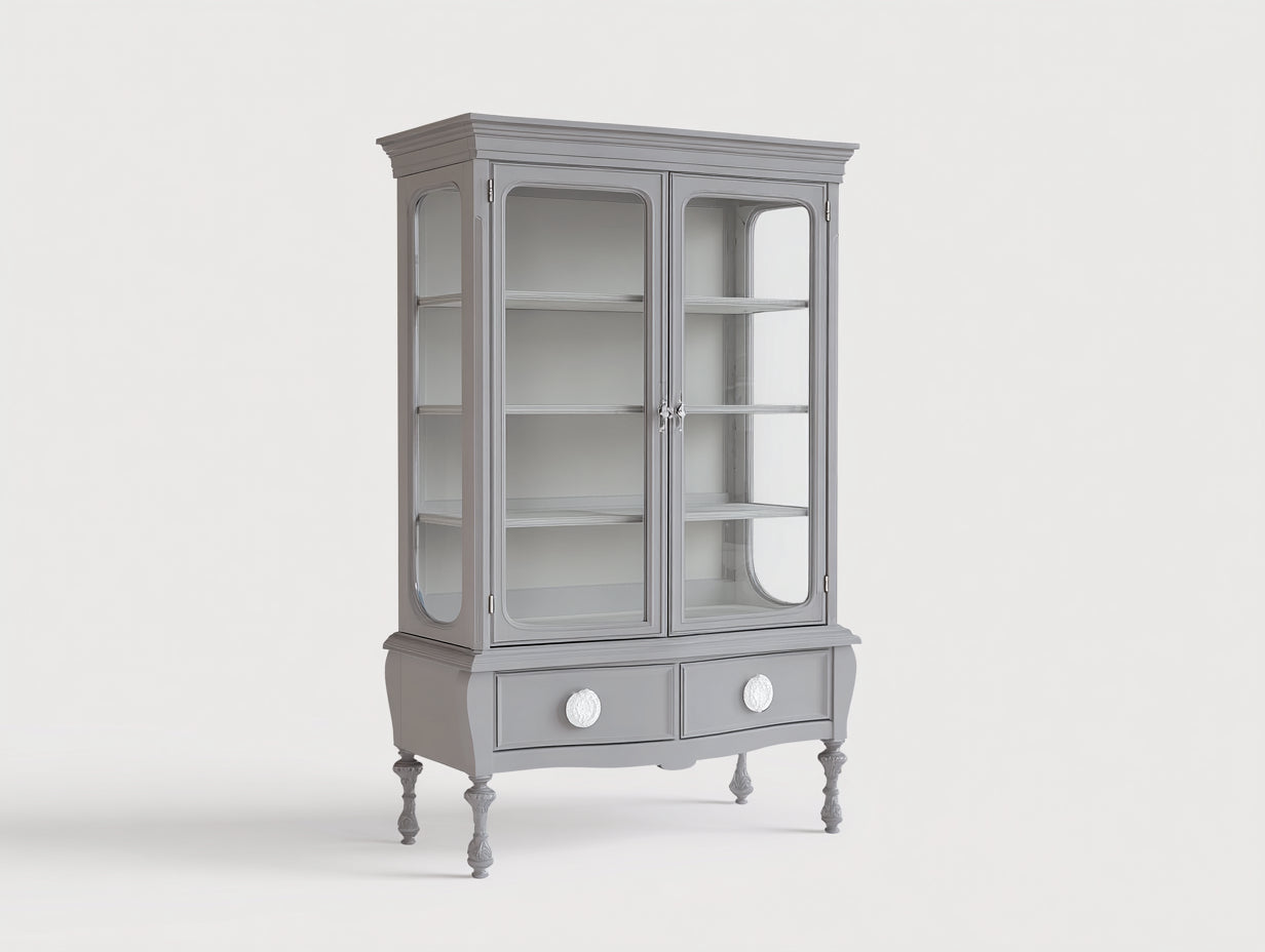 Vitrine - Bois-Verre - 98x43x188 cm - Gris clair-Transparent - Style classique